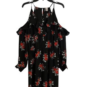 H&M Black Cold-Shoulder Dress with Red Floral Pattern